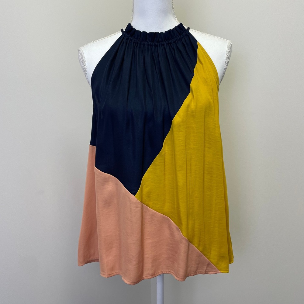 NEW LOFT Colorblock Halter Top S Navy Mustard Pink Ruffle Neck Blouse